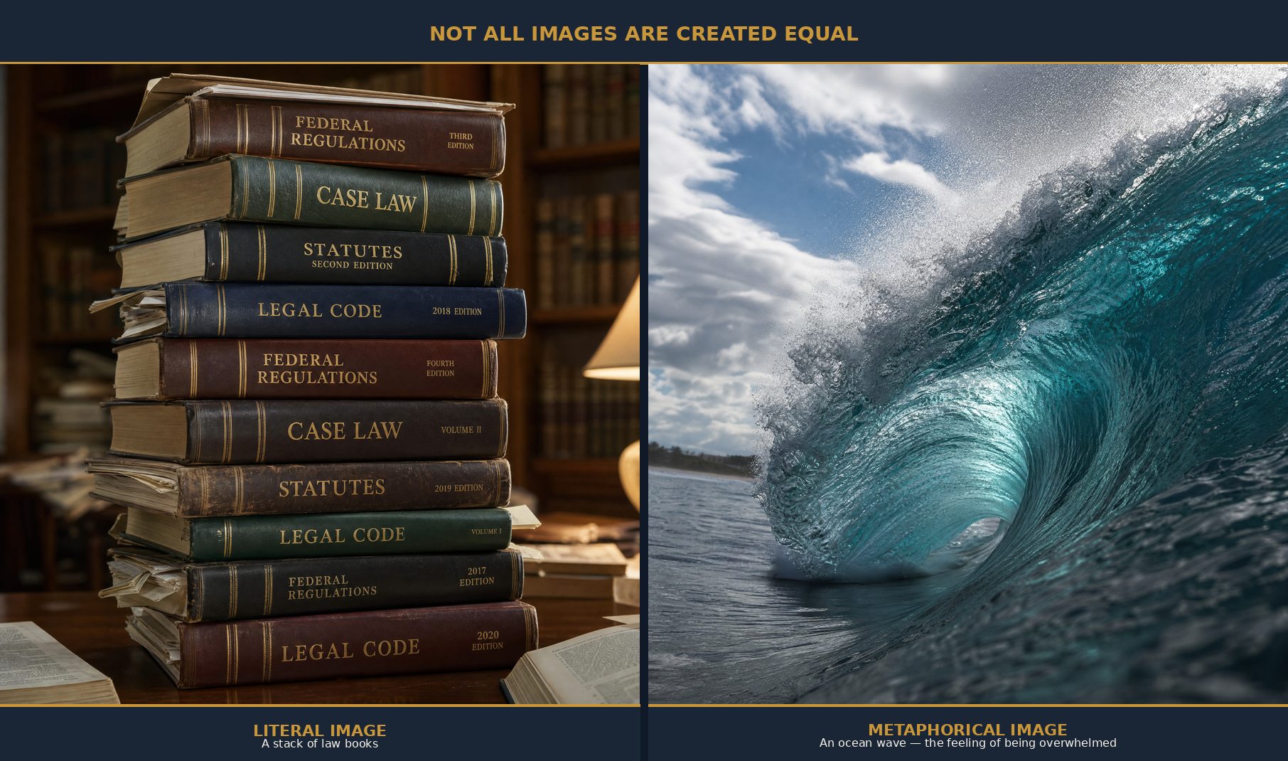 Side-by-side comparison of literal imagery (stacked law books) versus metaphorical imagery (ocean wave) in compliance training